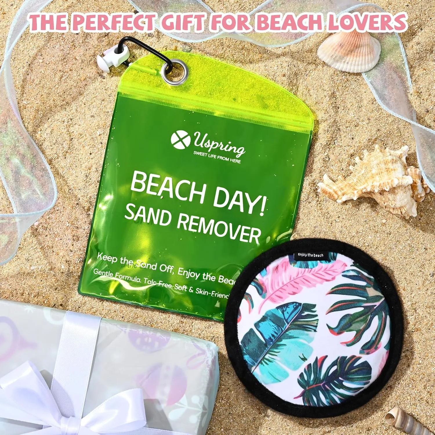 Uspring 2025 Upgraded Sand Remover for Beach Vacation Essentials Summer Must Haves Sand Remover with Velcro, Replaceable Powder Bag, Beach Accessories for Women Kids Family Trip Gifts, Generous 250g