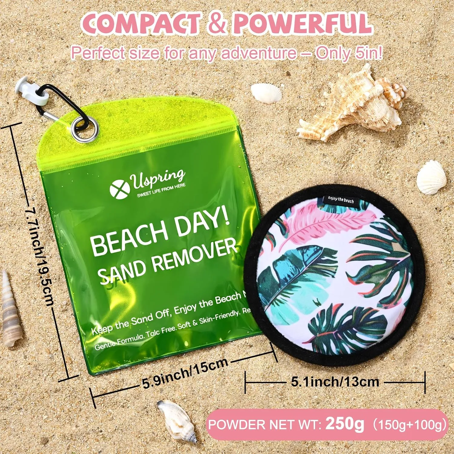 Uspring 2025 Upgraded Sand Remover for Beach Vacation Essentials Summer Must Haves Sand Remover with Velcro, Replaceable Powder Bag, Beach Accessories for Women Kids Family Trip Gifts, Generous 250g