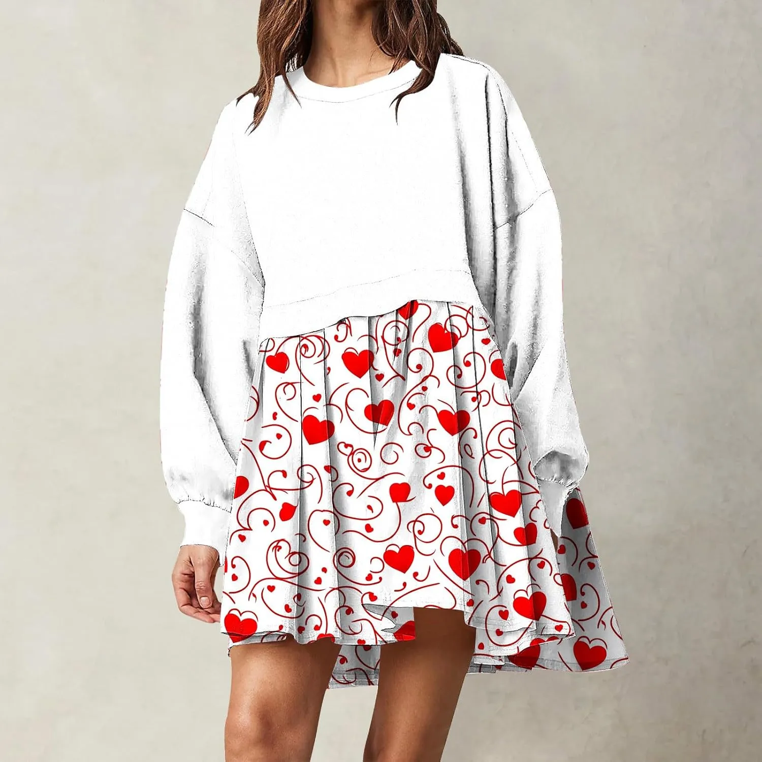Valentines Dress for Women,Casual Cute Spring Dress Love Heart Print Long Sleeve Mini Dress for Date Night Going Out