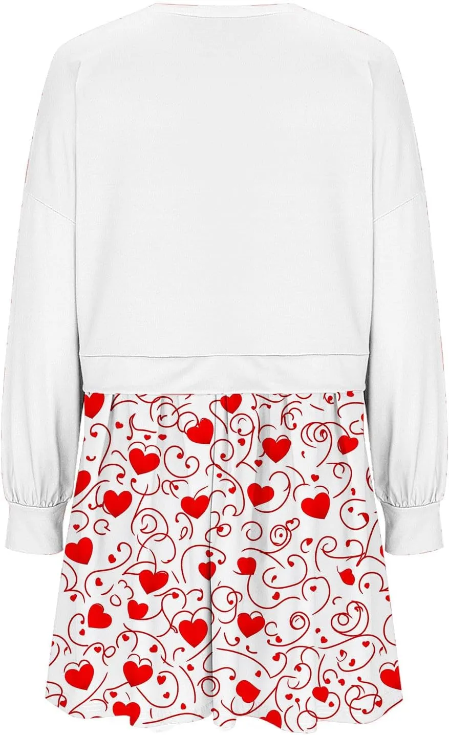 Valentines Dress for Women,Casual Cute Spring Dress Love Heart Print Long Sleeve Mini Dress for Date Night Going Out