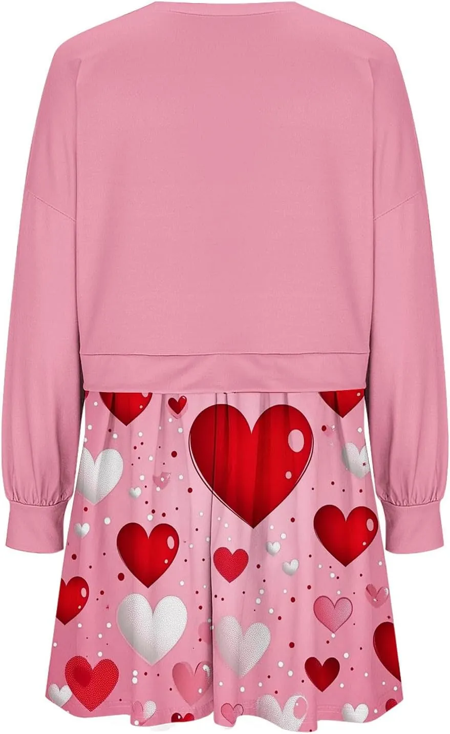Valentines Dress for Women,Casual Cute Spring Dress Love Heart Print Long Sleeve Mini Dress for Date Night Going Out