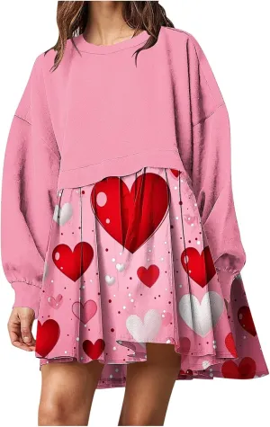 Valentines Dress for Women,Casual Cute Spring Dress Love Heart Print Long Sleeve Mini Dress for Date Night Going Out