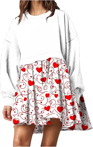 Valentines Dress for Women,Casual Cute Spring Dress Love Heart Print Long Sleeve Mini Dress for Date Night Going Out