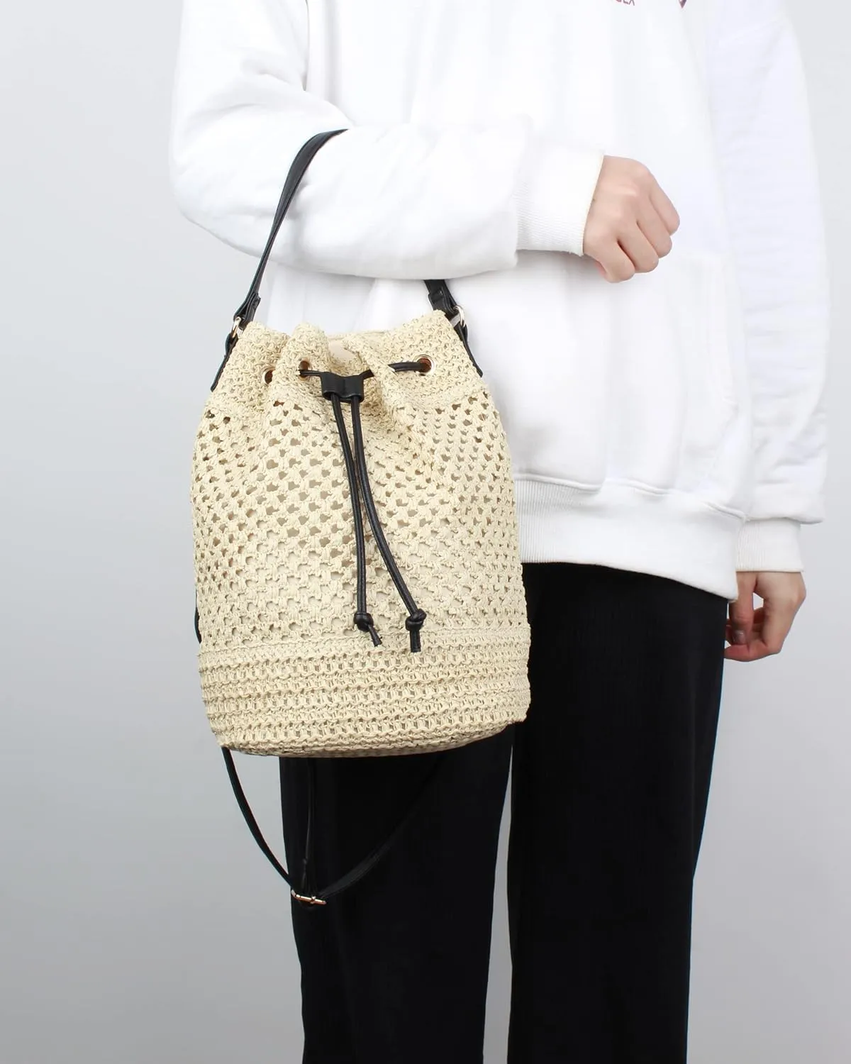 Van Caro Handwoven Cotton Straw Shoulder Bag Crochet Tassel Beach Bohemian Purse for Women