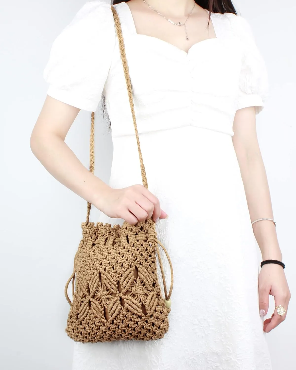 Van Caro Handwoven Cotton Straw Shoulder Bag Crochet Tassel Beach Bohemian Purse for Women