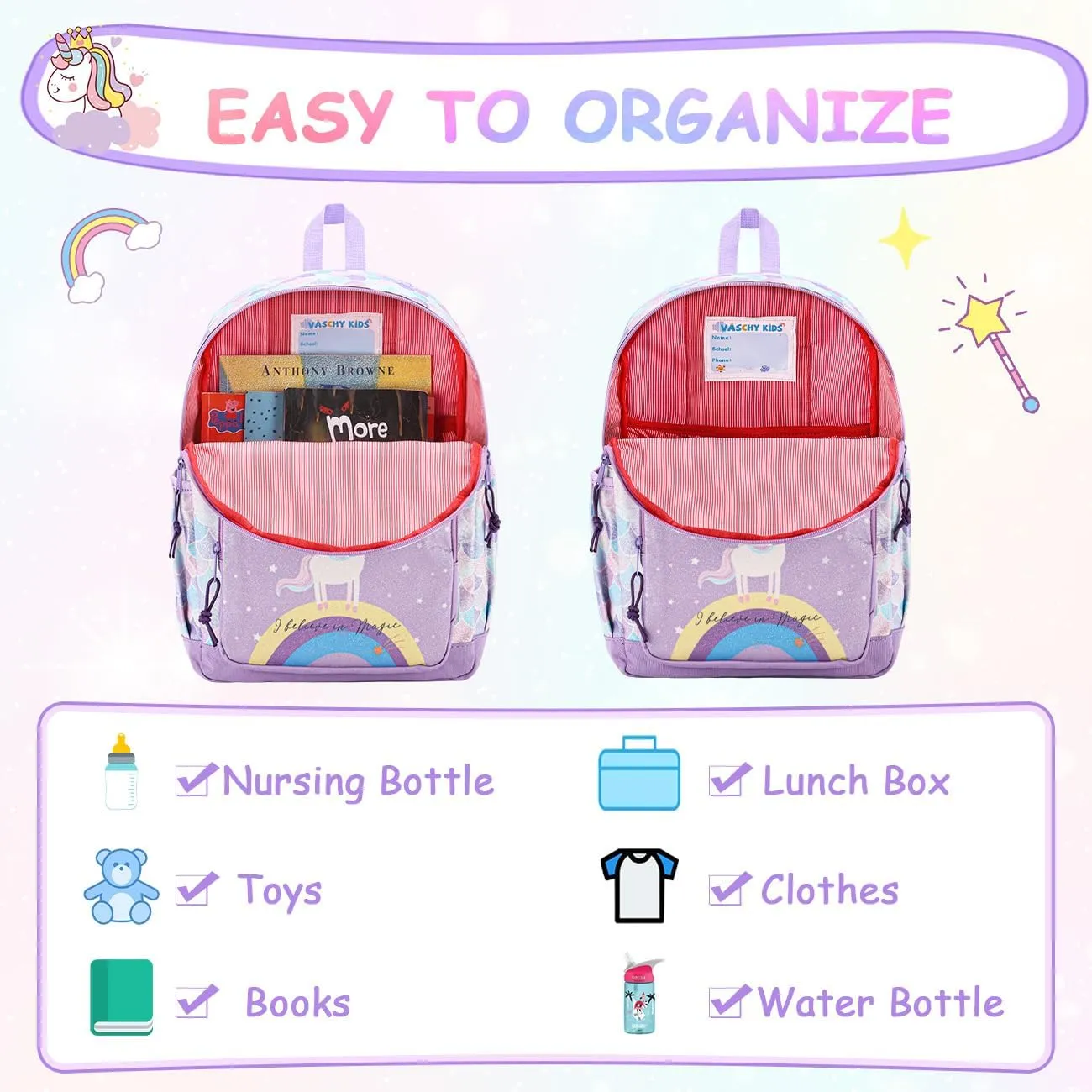 VASCHY Toddler Backpacks Girls, Kids' Cute Water Resistant Giltter Butterfly Daycare Bags for Preschool Kindergarten,Rucksack Schoolbag Bookbag for Children Rainbow Unicorn