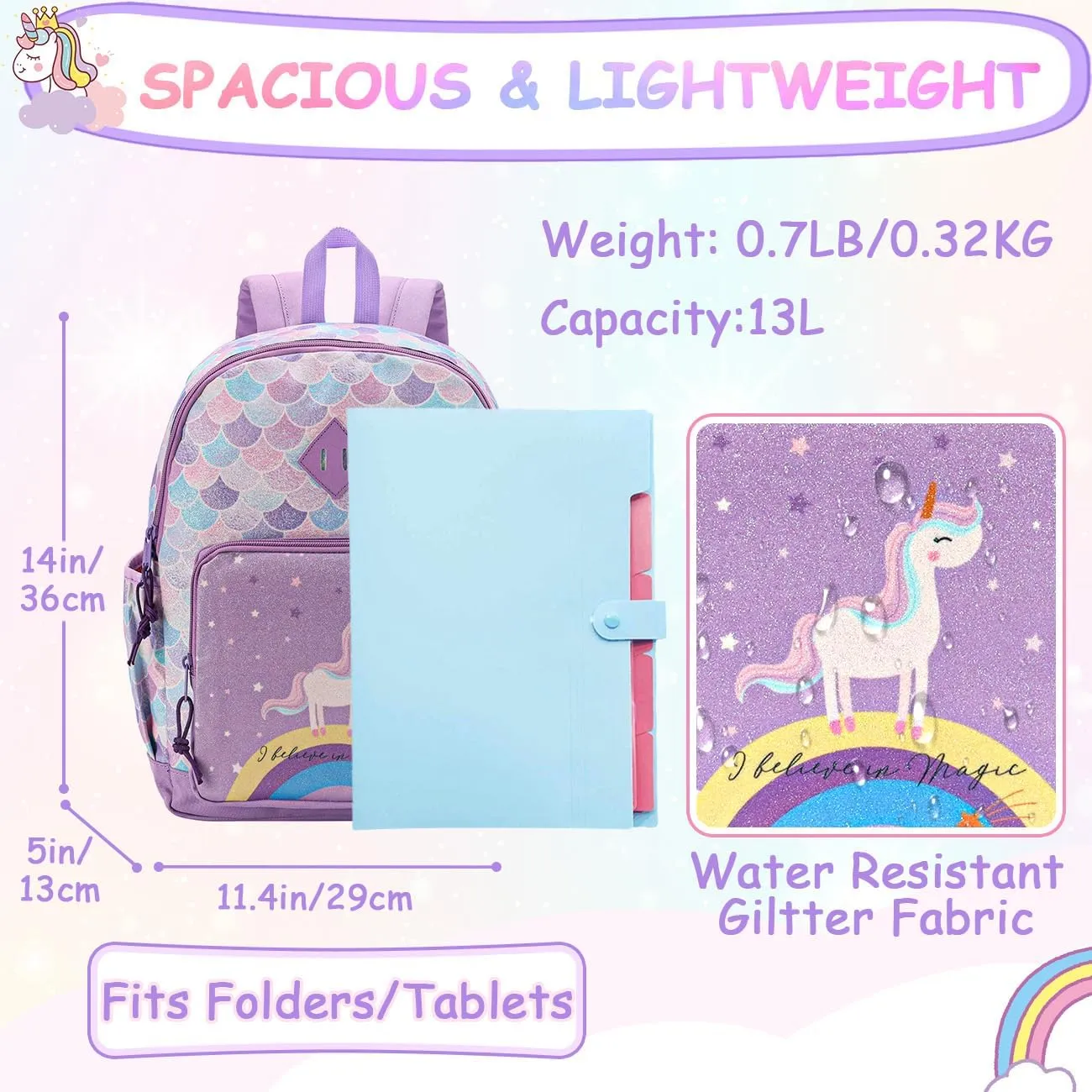 VASCHY Toddler Backpacks Girls, Kids' Cute Water Resistant Giltter Butterfly Daycare Bags for Preschool Kindergarten,Rucksack Schoolbag Bookbag for Children Rainbow Unicorn