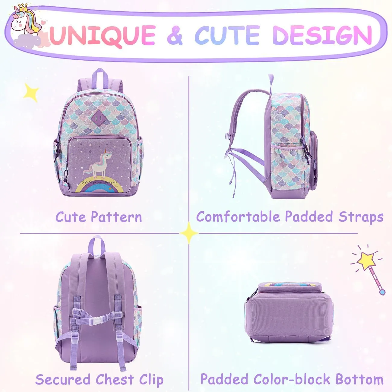 VASCHY Toddler Backpacks Girls, Kids' Cute Water Resistant Giltter Butterfly Daycare Bags for Preschool Kindergarten,Rucksack Schoolbag Bookbag for Children Rainbow Unicorn