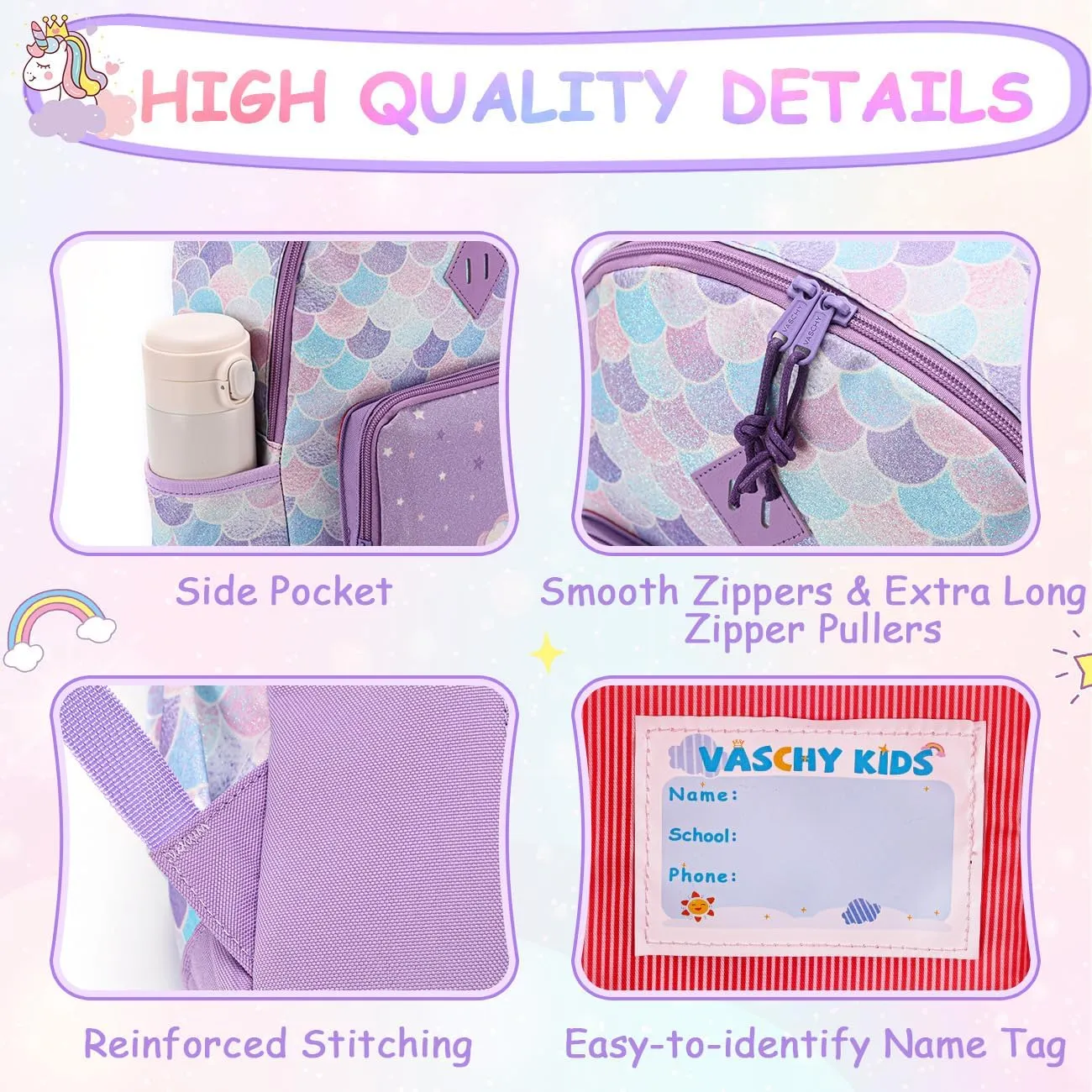 VASCHY Toddler Backpacks Girls, Kids' Cute Water Resistant Giltter Butterfly Daycare Bags for Preschool Kindergarten,Rucksack Schoolbag Bookbag for Children Rainbow Unicorn