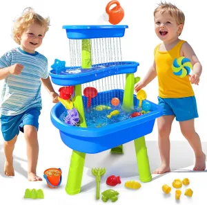 VATOS 3-Tier Sand Water Table for Toddlers, 36-Piece Kids Water Table Splash Pond Toys Set for Outside Outdoor Backyard, Toddlers Activity Sensory Water Play Table Summer Toys for Boy, Blue