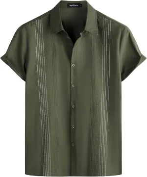VATPAVE Mens Hawaiian Cotton Linen Shirts Casual Short Sleeve Button Down Shirts Summer Beach Embroidered Shirts