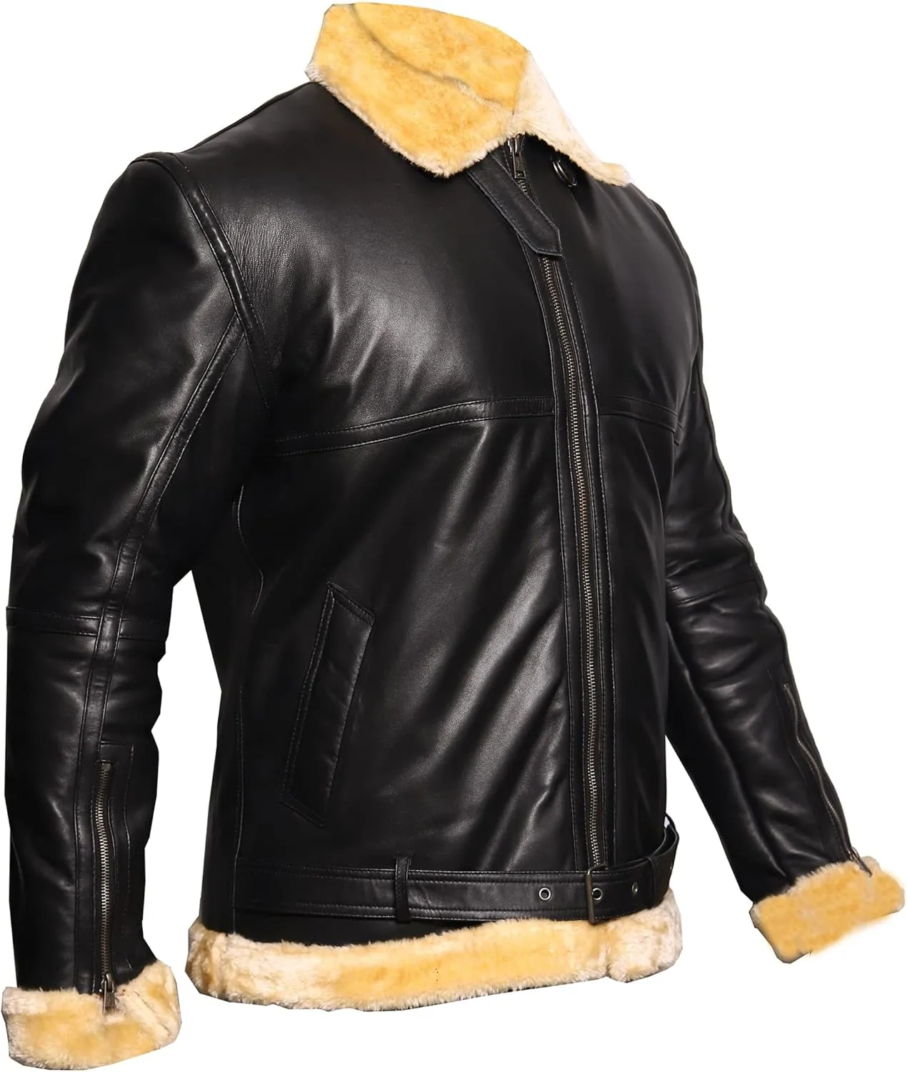 VearFit Bomber Royal Shearling flying aviator Black designer Real Leather Jacket for men