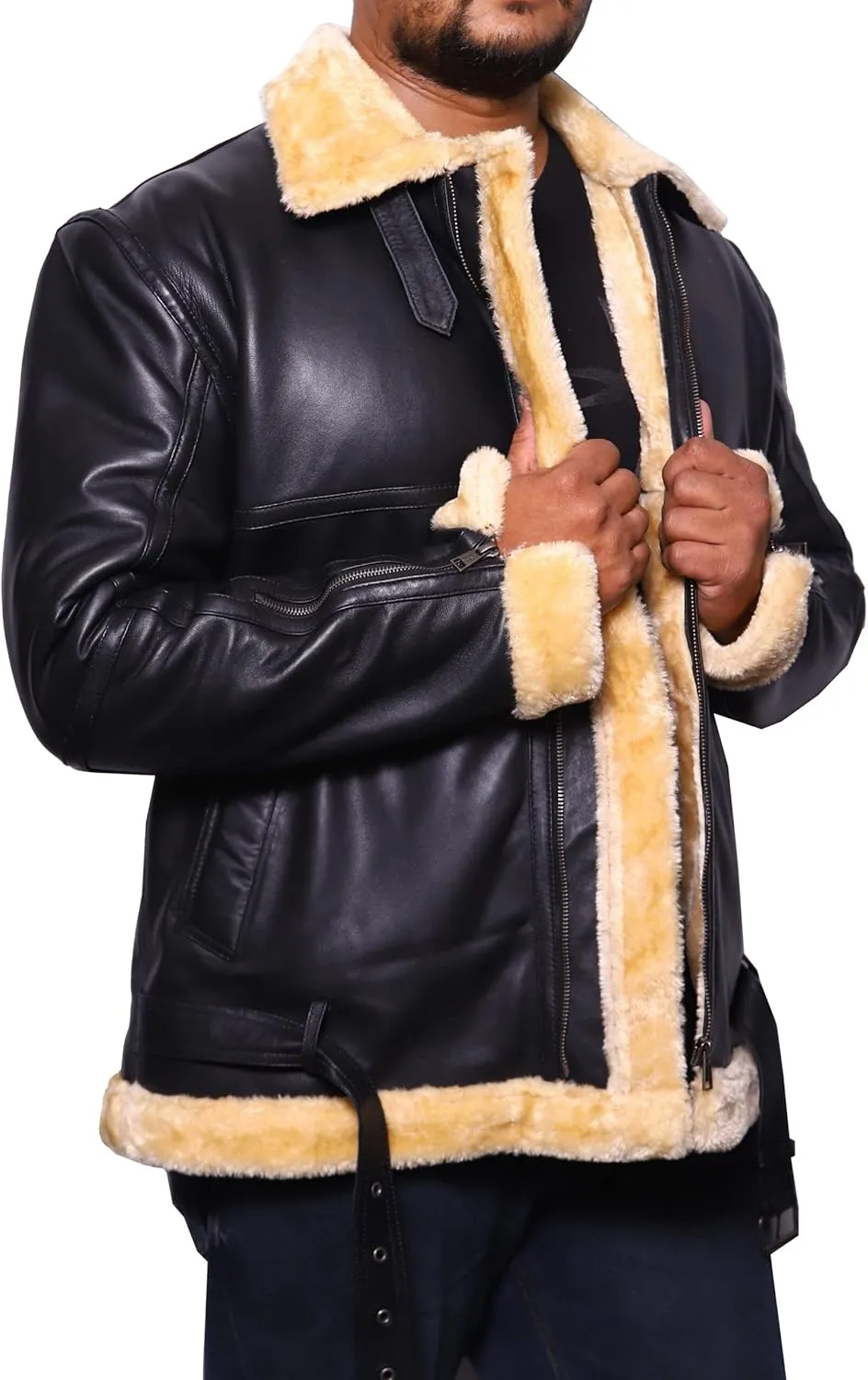 VearFit Bomber Royal Shearling flying aviator Black designer Real Leather Jacket for men