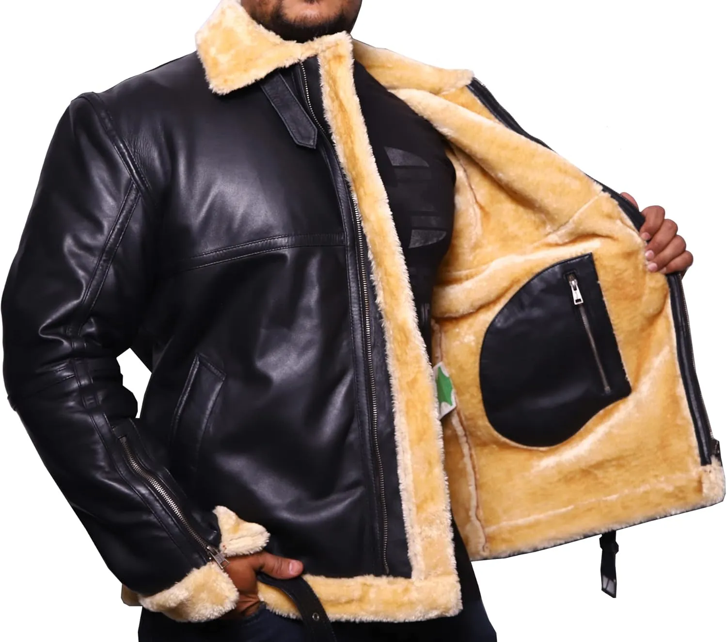 VearFit Bomber Royal Shearling flying aviator Black designer Real Leather Jacket for men