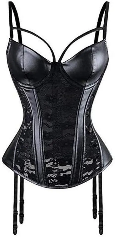 VEENDEO Women's Steampunk Gothic Lace Corset Bustier Faux Leather Bra Lingerie Plus Size S-6XL