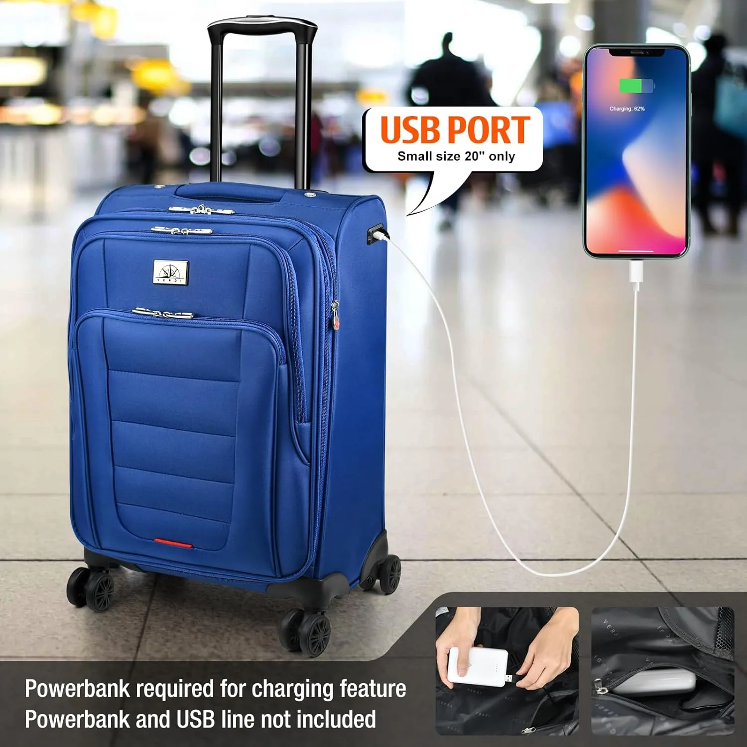 Verdi Expandable Carry-On Luggage with Spinner Wheels, 22 Inch Softside Suitcase with USB Port Lightweight