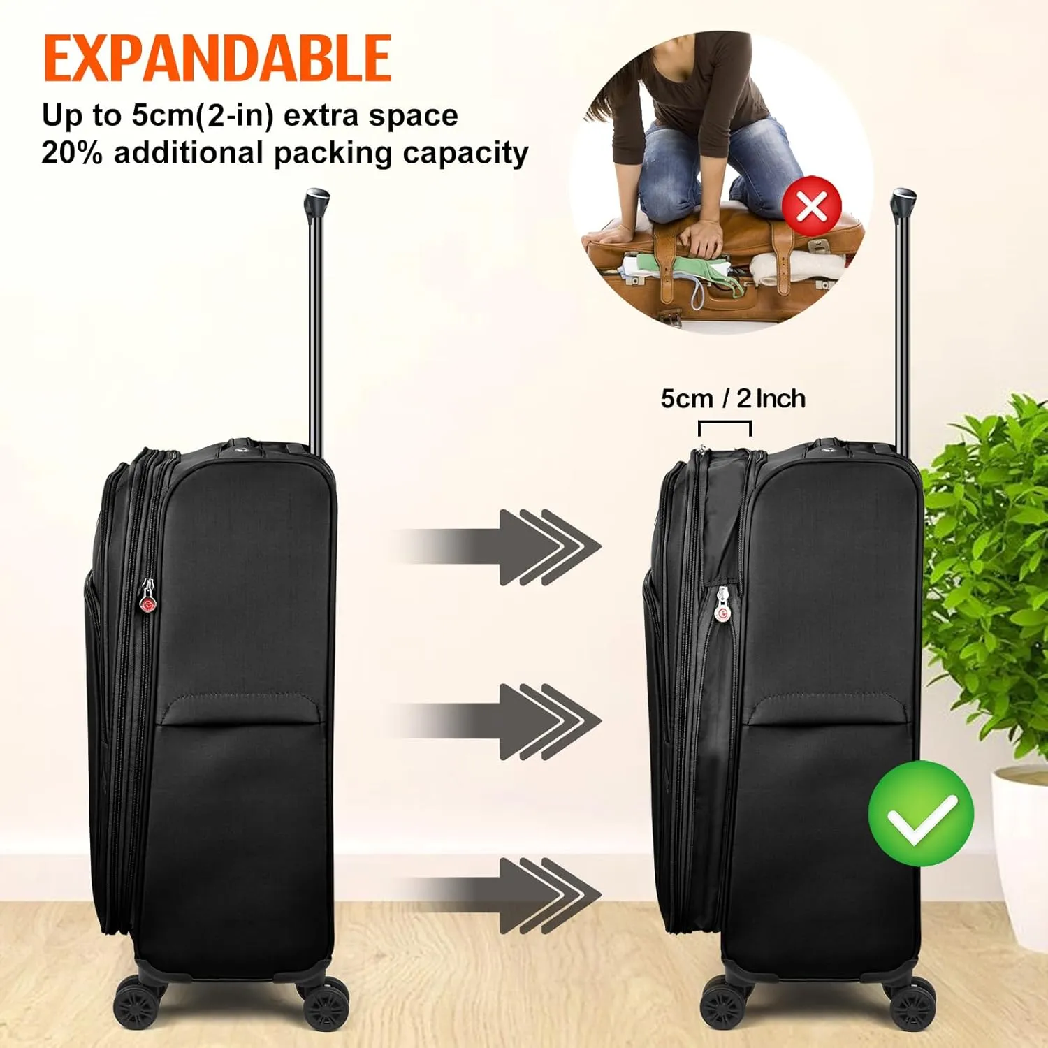 Verdi Softside Expandable Carry-On Luggage with Spinner Wheel USB Port Lightweight (Black, 20-Inch Carry-On)