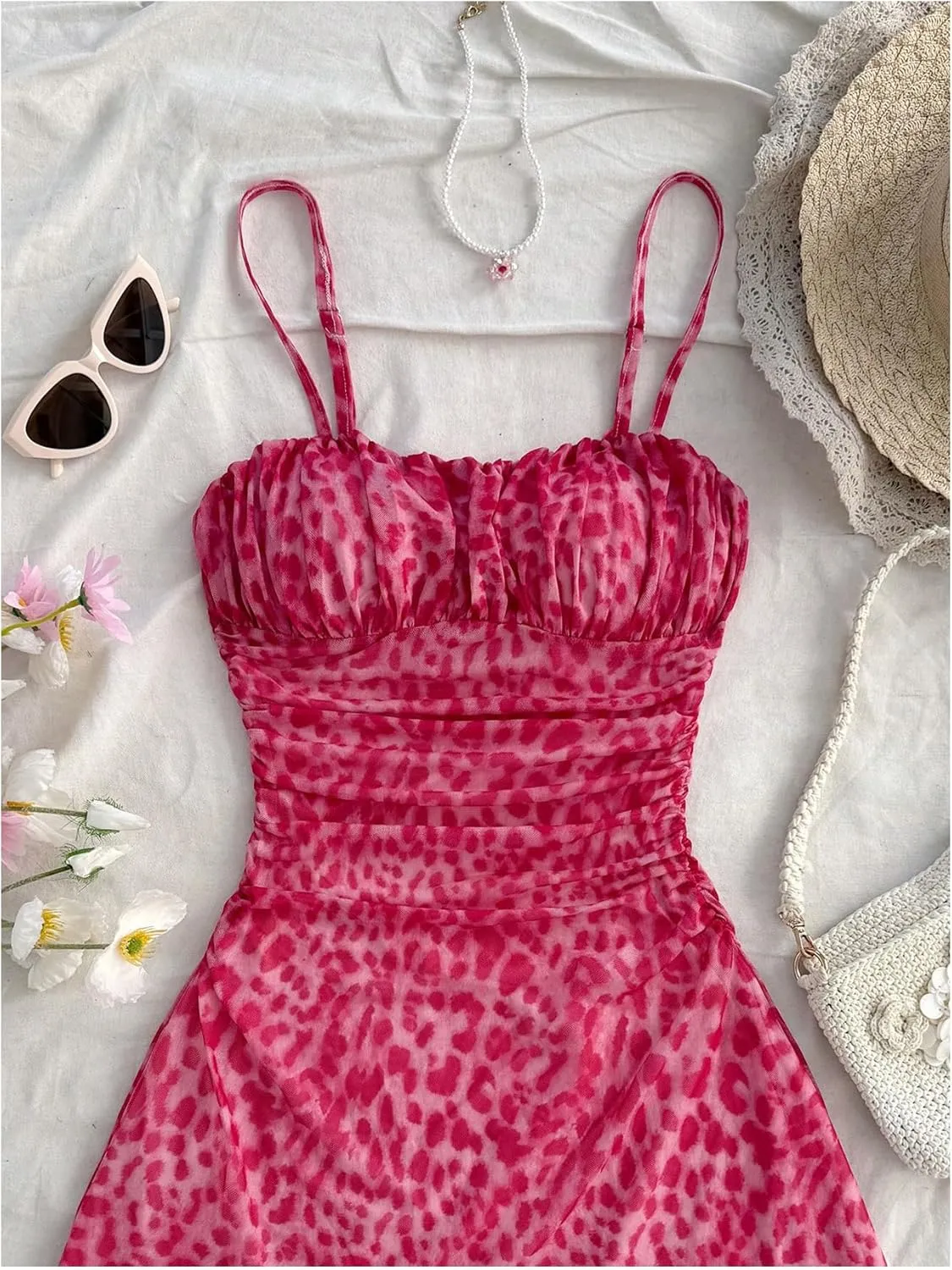 Verdusa Women's Leopard Print Y2K Mini Dress Fitted Spaghetti Strap Mesh Slip Dress