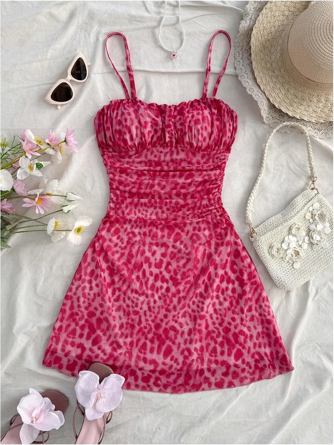 Verdusa Women's Leopard Print Y2K Mini Dress Fitted Spaghetti Strap Mesh Slip Dress