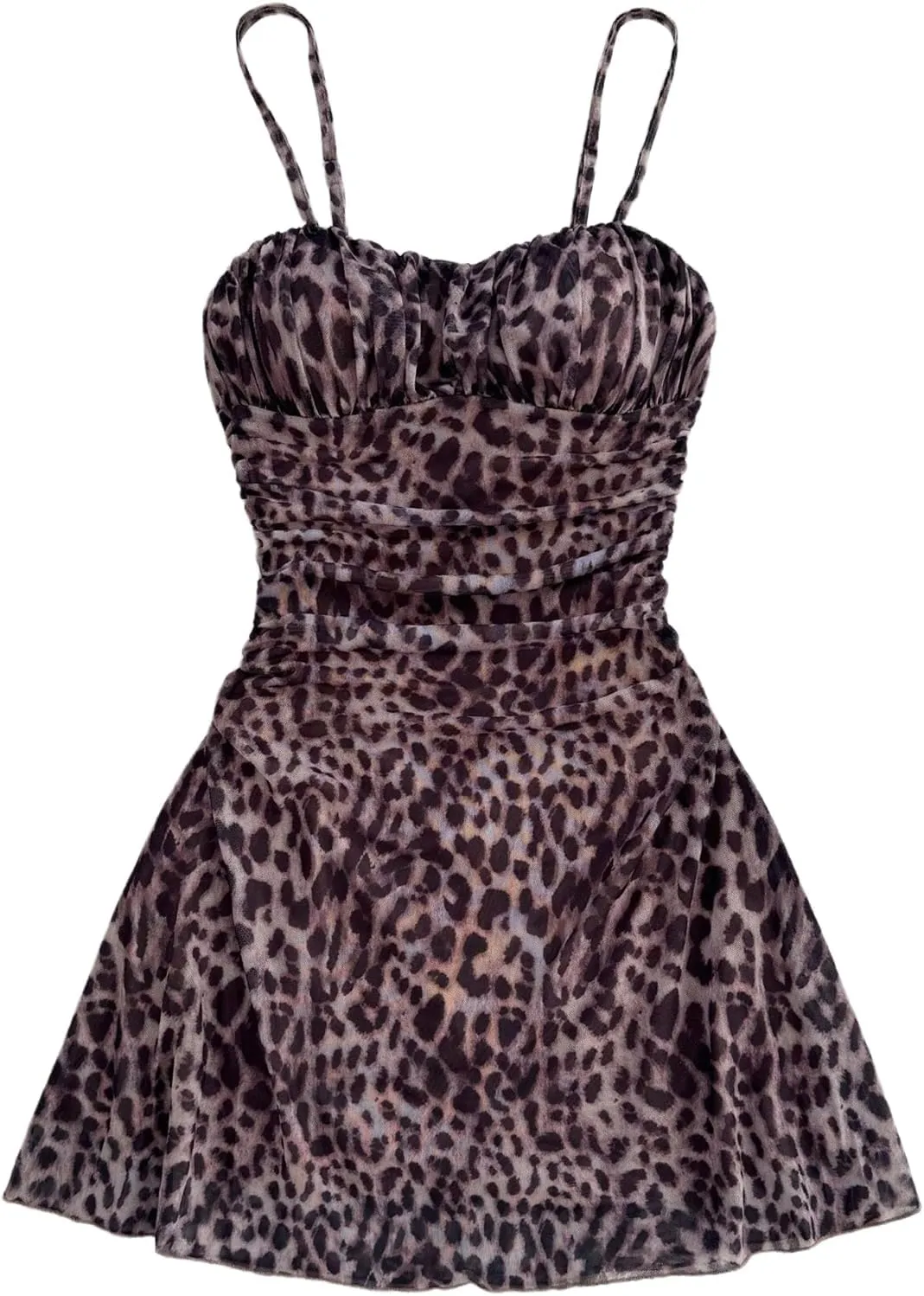 Verdusa Women's Leopard Print Y2K Mini Dress Fitted Spaghetti Strap Mesh Slip Dress