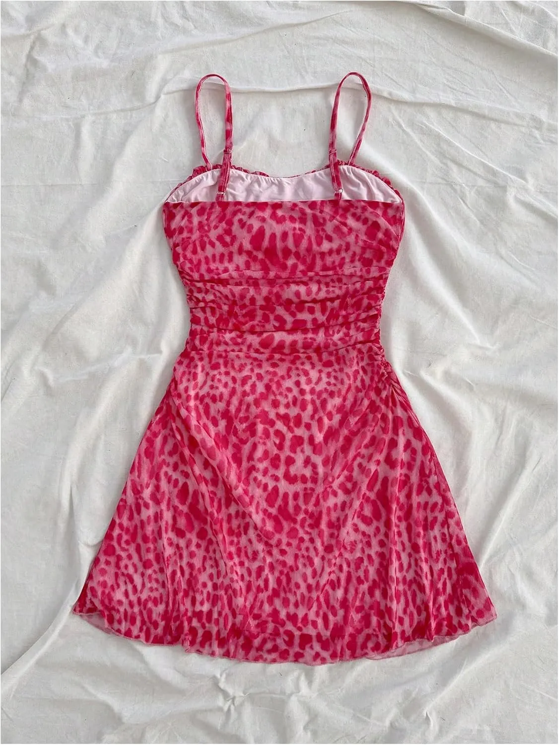 Verdusa Women's Leopard Print Y2K Mini Dress Fitted Spaghetti Strap Mesh Slip Dress