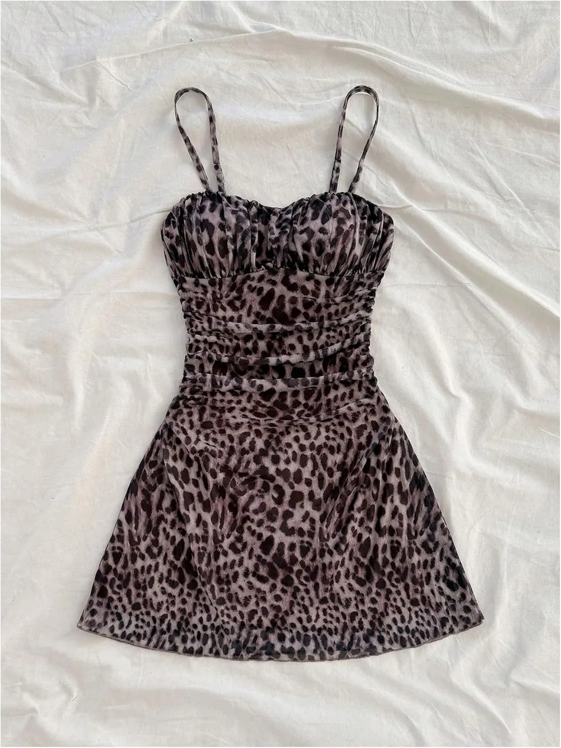 Verdusa Women's Leopard Print Y2K Mini Dress Fitted Spaghetti Strap Mesh Slip Dress