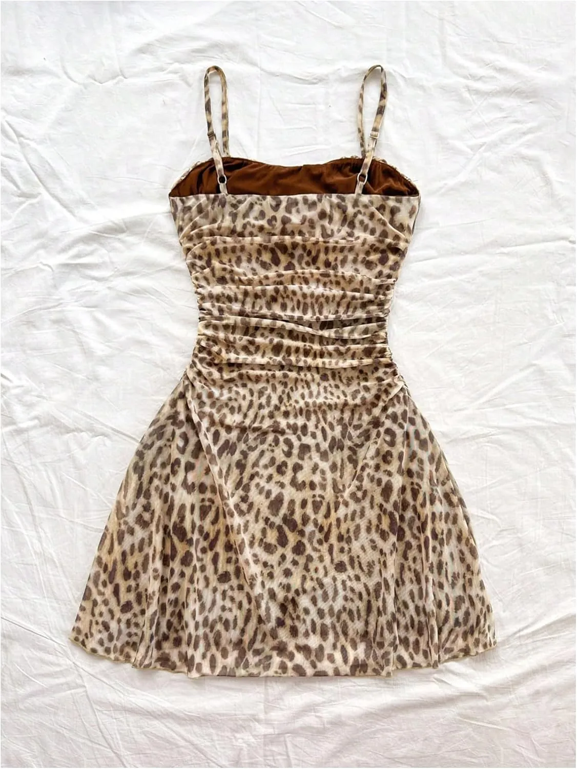 Verdusa Women's Leopard Print Y2K Mini Dress Fitted Spaghetti Strap Mesh Slip Dress