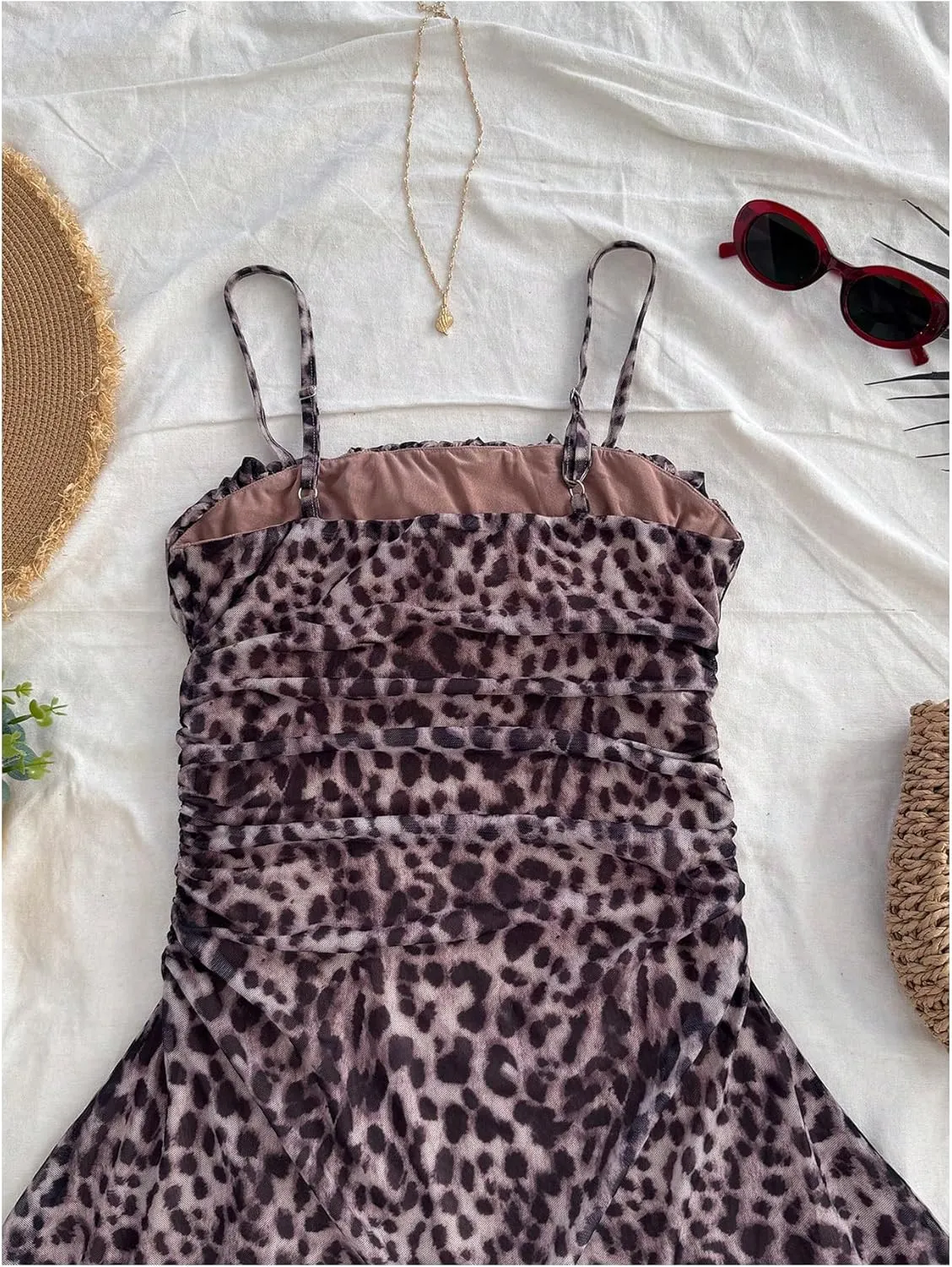 Verdusa Women's Leopard Print Y2K Mini Dress Fitted Spaghetti Strap Mesh Slip Dress