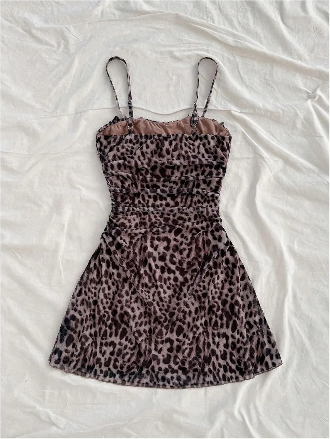 Verdusa Women's Leopard Print Y2K Mini Dress Fitted Spaghetti Strap Mesh Slip Dress
