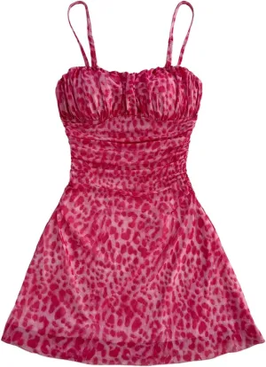 Verdusa Women's Leopard Print Y2K Mini Dress Fitted Spaghetti Strap Mesh Slip Dress