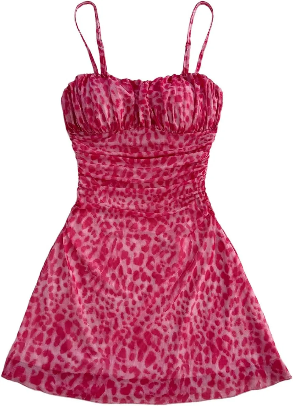 Verdusa Women's Leopard Print Y2K Mini Dress Fitted Spaghetti Strap Mesh Slip Dress