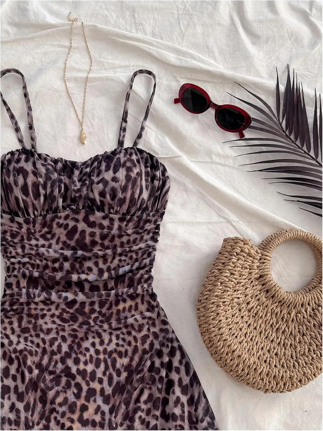 Verdusa Women's Leopard Print Y2K Mini Dress Fitted Spaghetti Strap Mesh Slip Dress