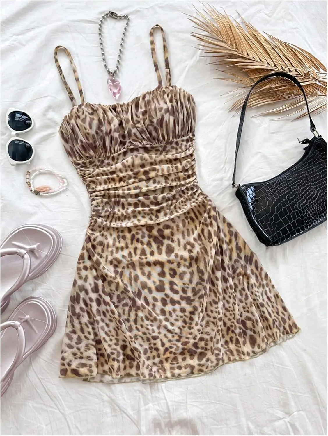 Verdusa Women's Leopard Print Y2K Mini Dress Fitted Spaghetti Strap Mesh Slip Dress