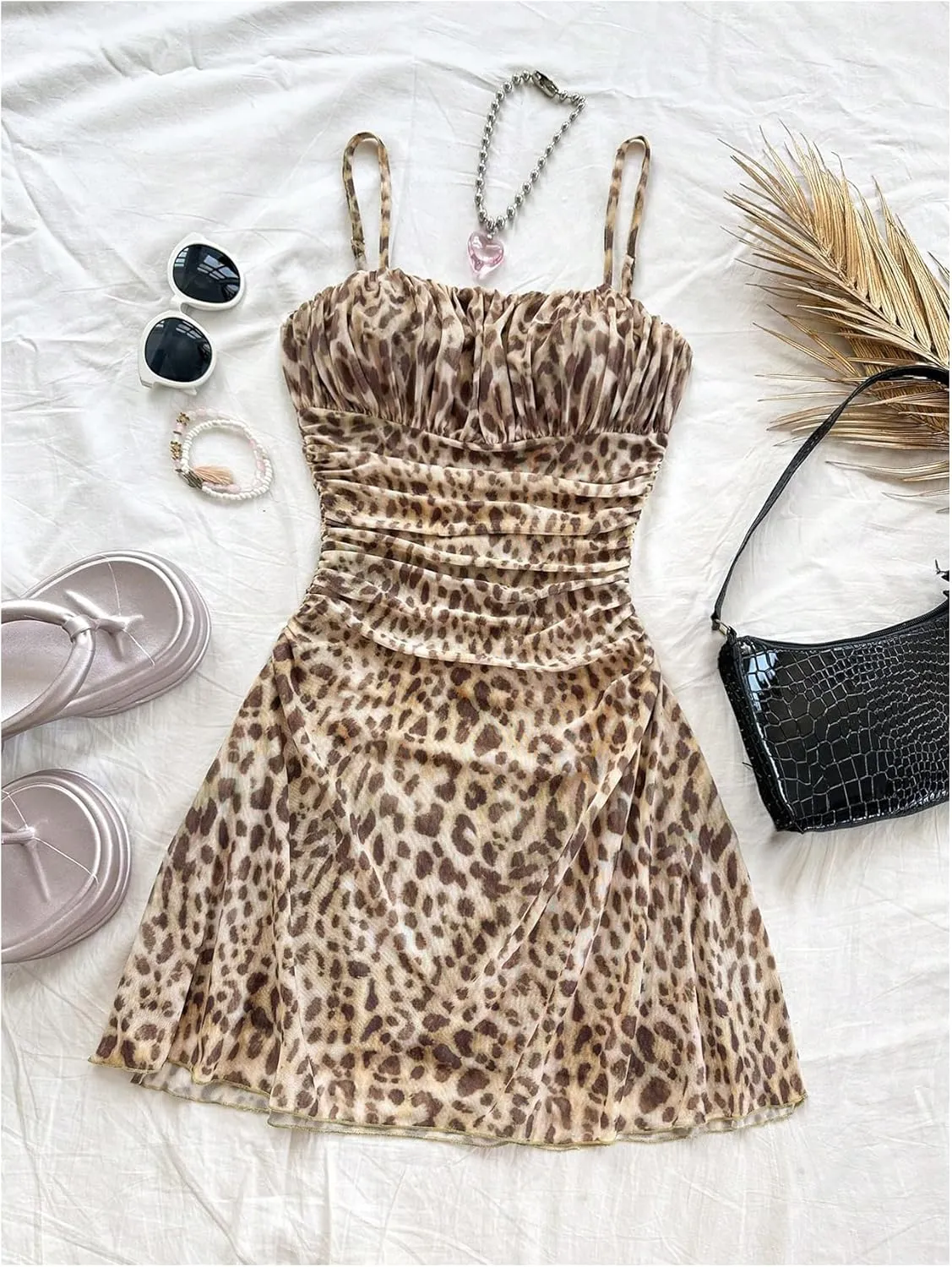 Verdusa Women's Leopard Print Y2K Mini Dress Fitted Spaghetti Strap Mesh Slip Dress