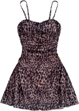 Verdusa Women's Leopard Print Y2K Mini Dress Fitted Spaghetti Strap Mesh Slip Dress