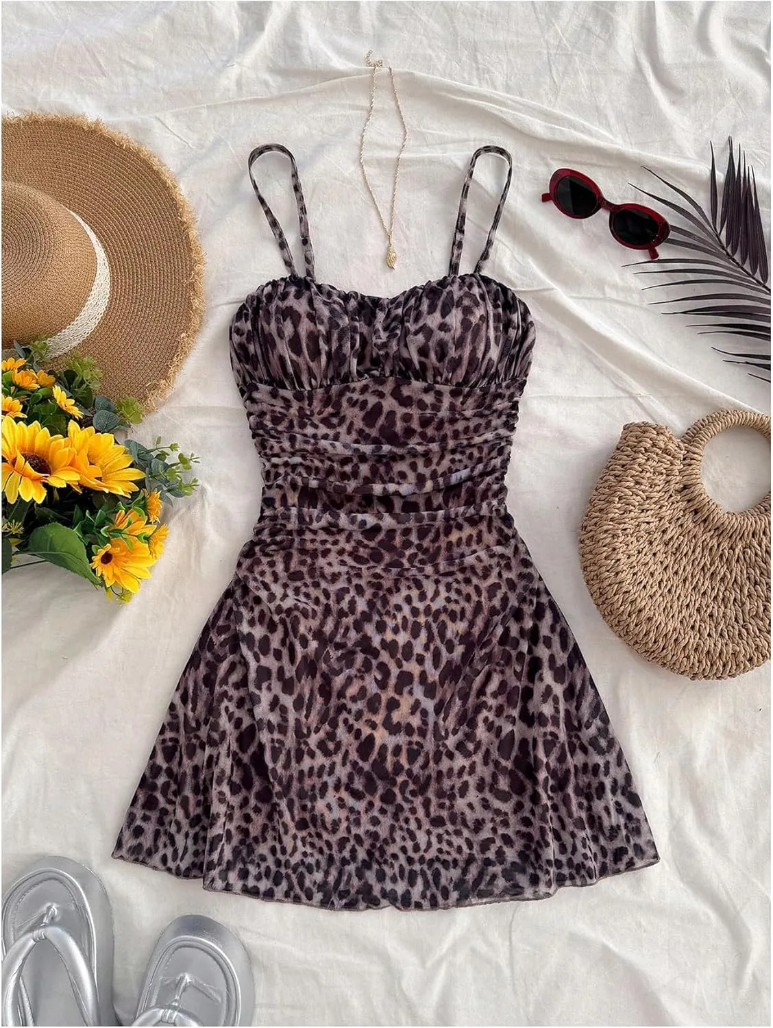 Verdusa Women's Leopard Print Y2K Mini Dress Fitted Spaghetti Strap Mesh Slip Dress