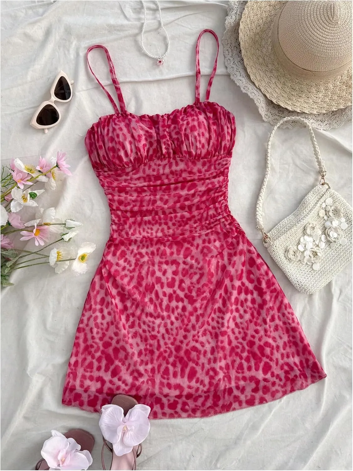 Verdusa Women's Leopard Print Y2K Mini Dress Fitted Spaghetti Strap Mesh Slip Dress