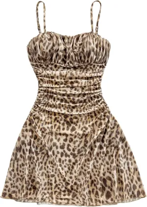 Verdusa Women's Leopard Print Y2K Mini Dress Fitted Spaghetti Strap Mesh Slip Dress