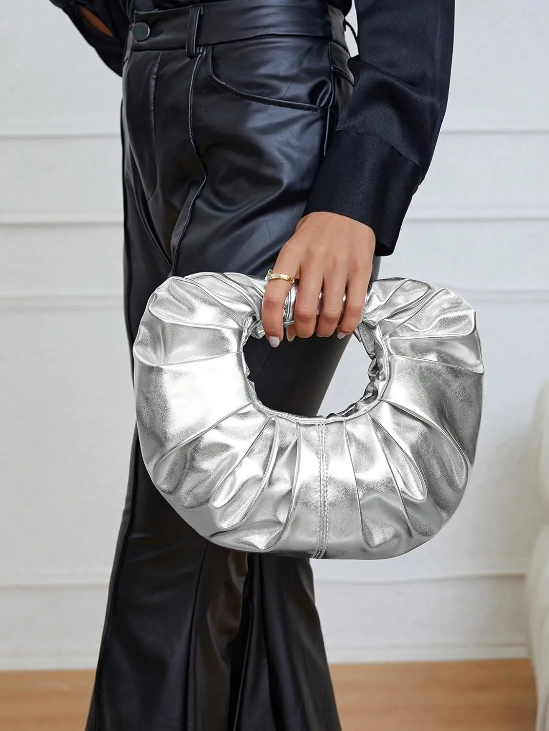 Verdusa Women's Metallic Ruched Handbag Leather Clutch Purse Dumpling Pouch Bag