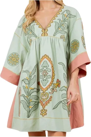 Vestidos Casuales para Mujer Womens Boho Mini Dress 2024 Fall 3/4 Sleeve V Neck Vintage Print Babydoll Dresses