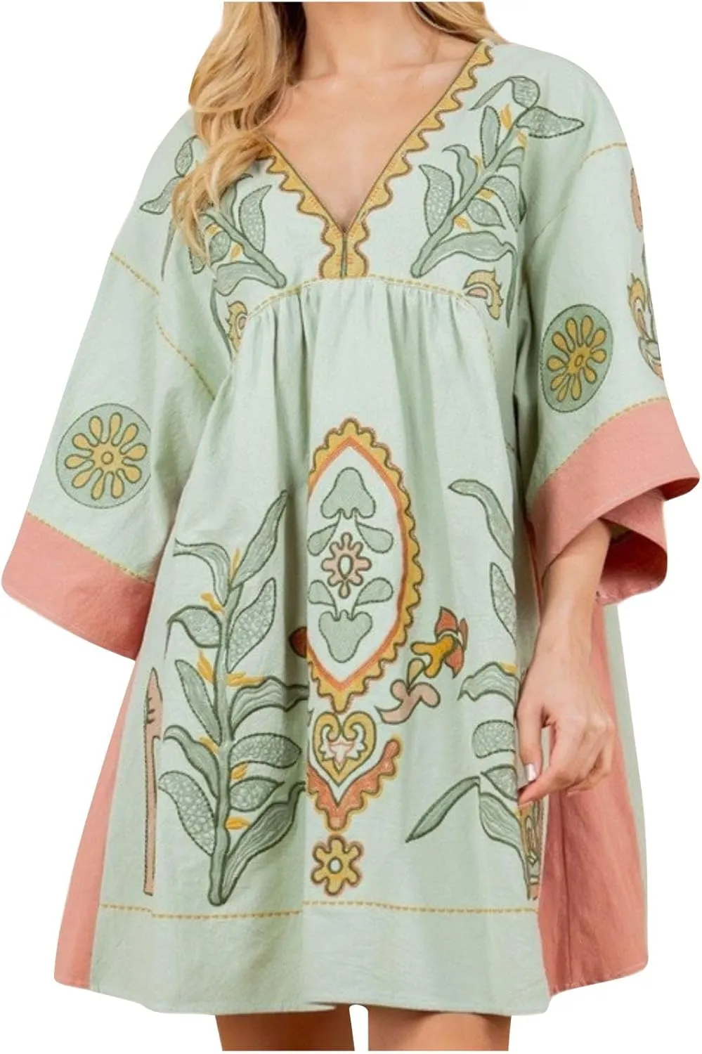 Vestidos Casuales para Mujer Womens Boho Mini Dress 2024 Fall 3/4 Sleeve V Neck Vintage Print Babydoll Dresses