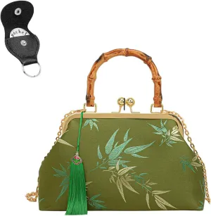 Vintage Embroidered Flower Handbag, Retro Pearl Chain Crossbody Bag with Kiss Lock Closure for Women