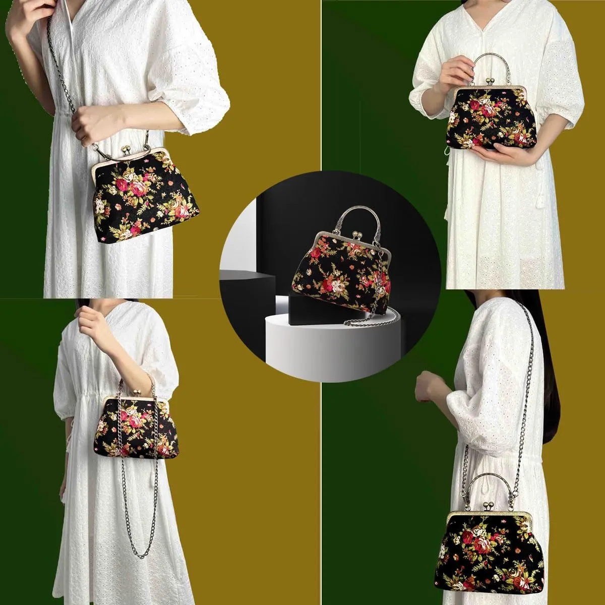 Vintage Purse Kiss Lock Purses and Handbags Floral Vacation Women Top Handle Handbag