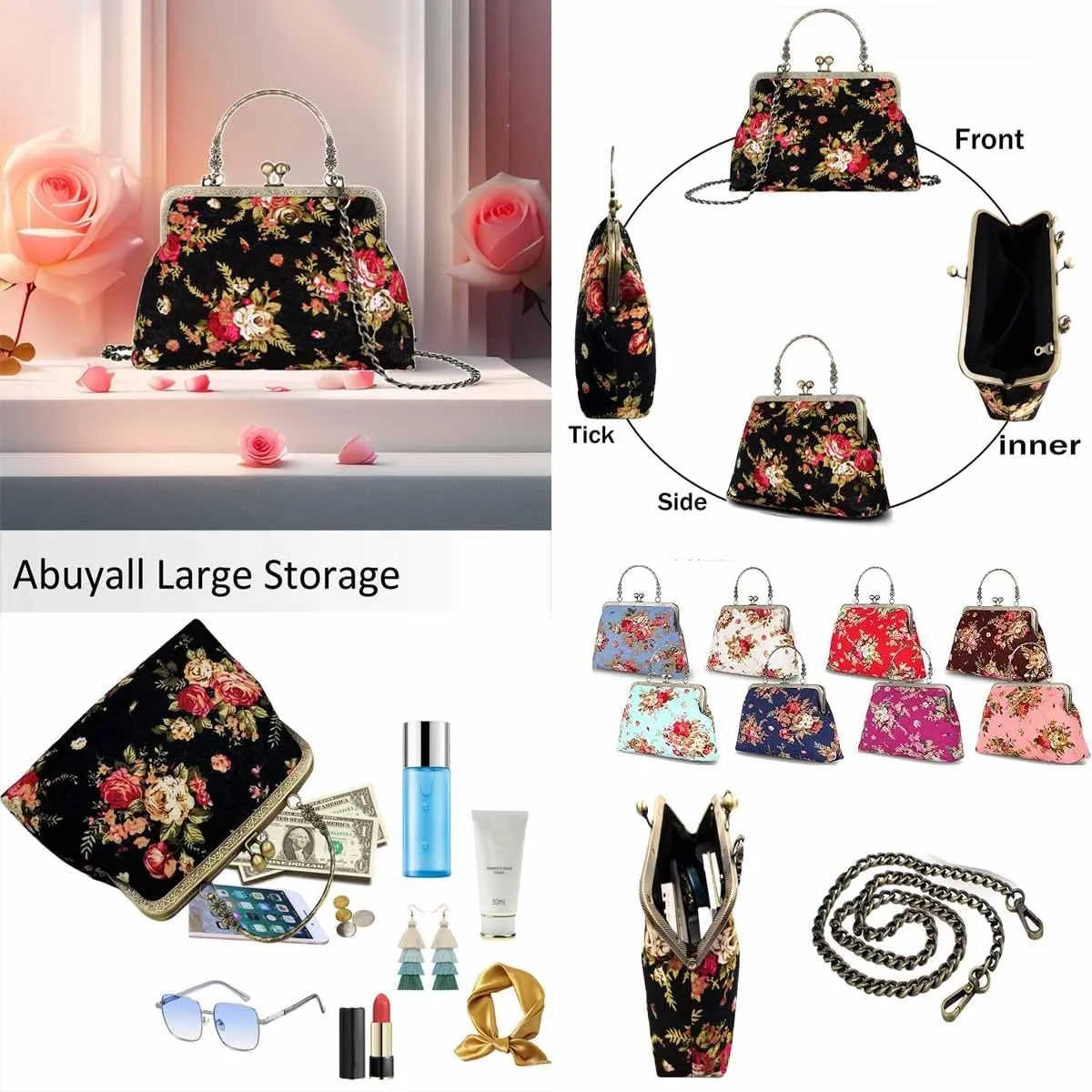 Vintage Purse Kiss Lock Purses and Handbags Floral Vacation Women Top Handle Handbag
