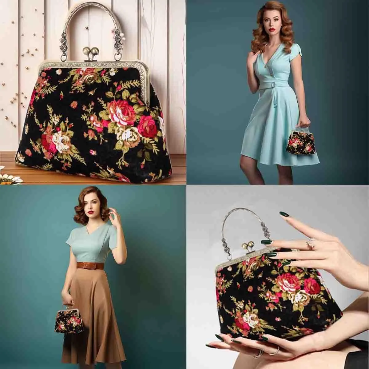 Vintage Purse Kiss Lock Purses and Handbags Floral Vacation Women Top Handle Handbag