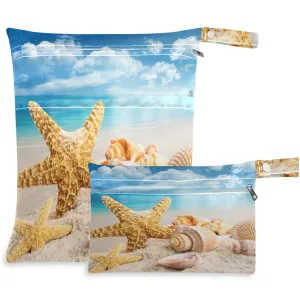 visesunny 2Pcs Wet Bag with Zippered Pockets Starfish Shell Washable Reusable Roomy Diaper Bag for Travel,Beach,Pool,Daycare,Stroller,Diapers,Dirty Gym Clothes, Wet Swimsuits, Toiletries