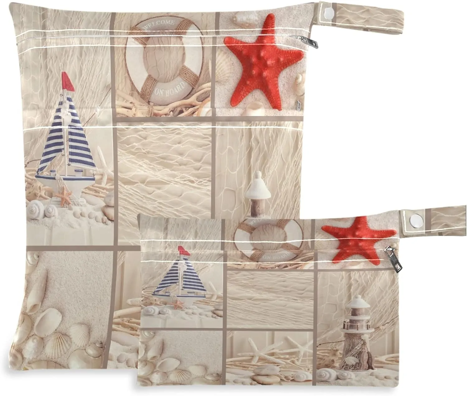 visesunny Sea Starfish Shell Wooden Pattern 2Pcs Wet Bag with Zippered Pockets Washable Reusable Roomy for Travel,Beach,Pool,Daycare,Stroller,Diapers,Dirty Gym Clothes, Wet Swimsuits, Toiletries