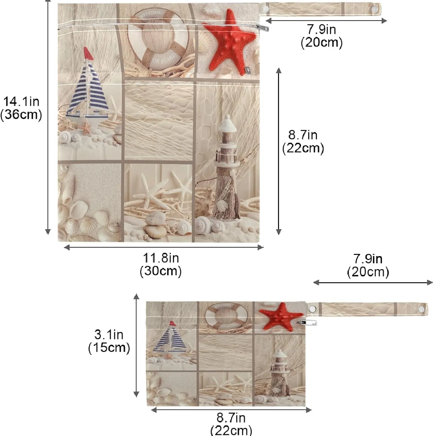 visesunny Sea Starfish Shell Wooden Pattern 2Pcs Wet Bag with Zippered Pockets Washable Reusable Roomy for Travel,Beach,Pool,Daycare,Stroller,Diapers,Dirty Gym Clothes, Wet Swimsuits, Toiletries