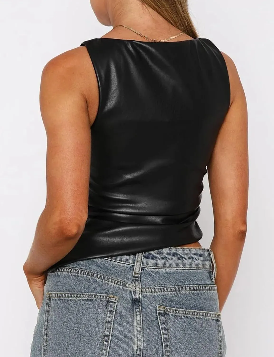 Vivitulip Women's Faux Leather Ruched Tank Top High Neck Sleeveless Cami Shirt