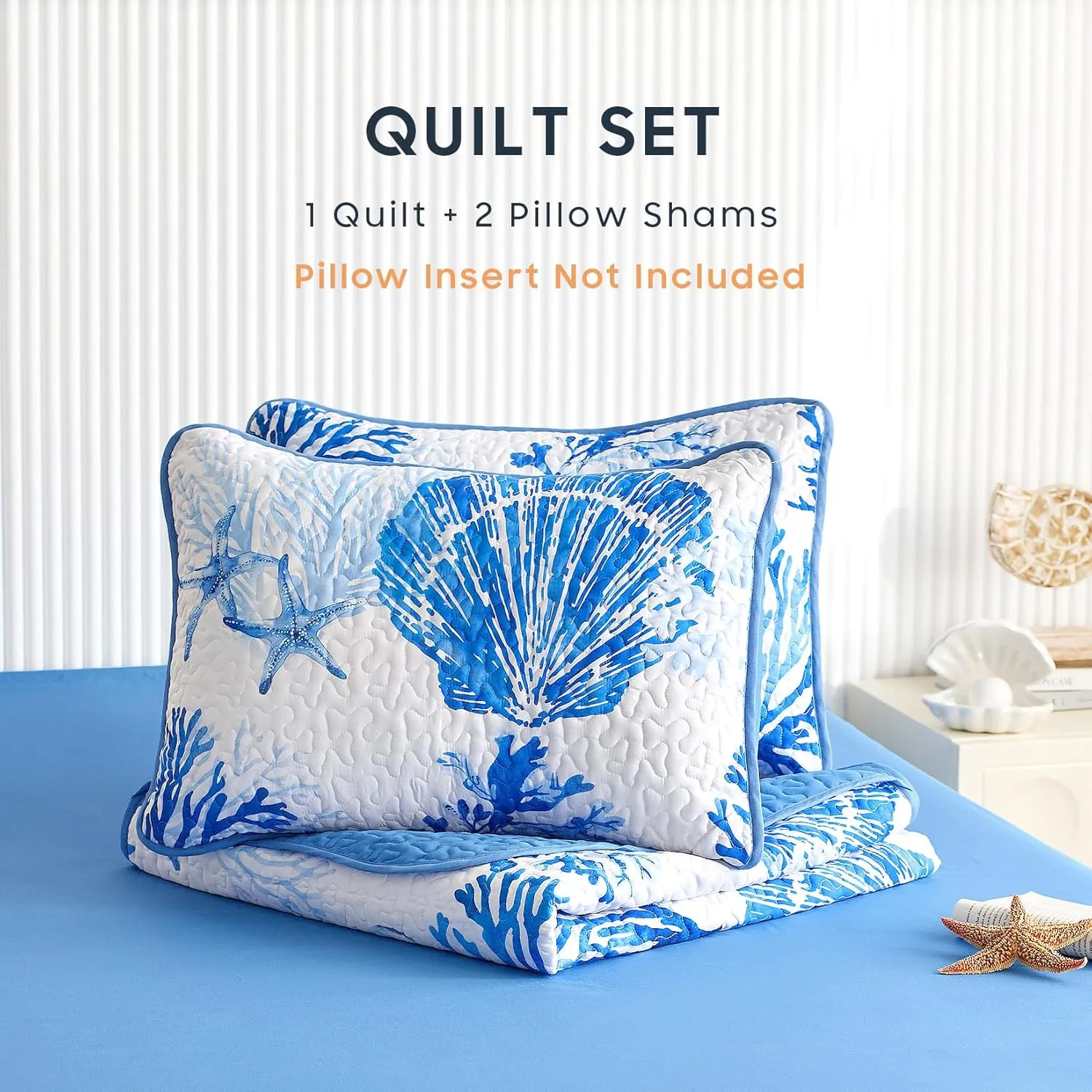 Wake In Cloud - Coastal Quilt Set, Nautical Ocean Beach Themed Tropical Summer Patterned, Reversible Lightweight Bedspread Coverlet, 3 Pieces, Blue White, King Size